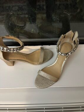 Jewel Badgley Mischka Gold Jeweled Ankle-Strap Sandals